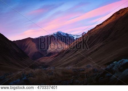 Beautiful Juta Valley Hiking Route With Scenic Mountain Snowy Peak Background. Kazbegi National Park
