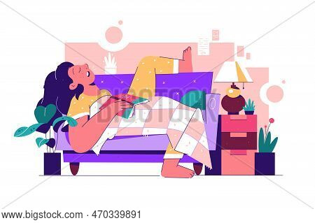 Girl Sleeping On Coach With Open Book, Vector Illustration. Woman Relaxing In Pajamas On Sofa Covere