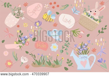 Spring Composition With A Cute Rabbit, A Bouquet Of Flowers Vase, A Bird, Green Leaves On The Inscri