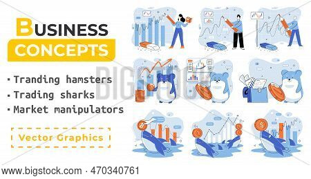 Stock Market Manipulation Concepts Set, Change Business Graph Indicator, Influence Crypto Currency P