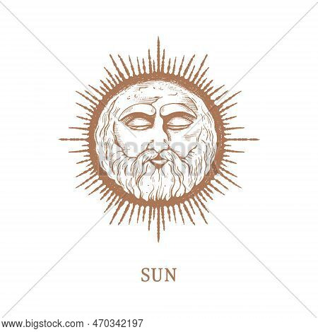 Sun In Engraving Style. Sun Vector Graphic Retro Illustration. Vintage Pastiche Of Esoteric And Occu