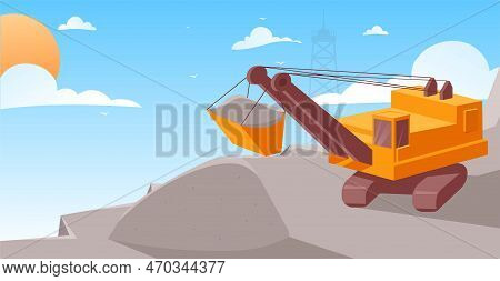 Stone Quarry Concept. Excavator On Mountain, Extraction Of Resources And Materials For Production. I