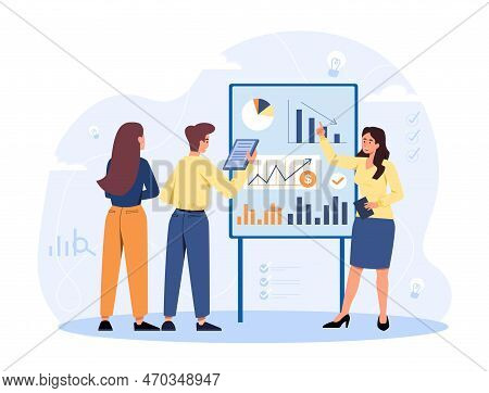 Graphs And Reports. Mann And Women Work With Statistics. Infographics And Presentation, Marketing Re