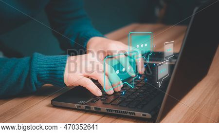 Man Hand Using A Laptop Computer Typing Live Chat Chatting On Application Communication Digital Web 