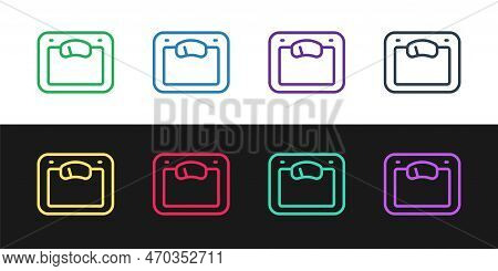 Set Line Bathroom Scales Icon Isolated On Black And White Background. Weight Measure Equipment. Weig