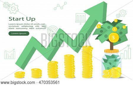 The Pile Of Coins Slowly Grew Higher And Grew Into A Large Tree Full Of Money. Business Startup Conc