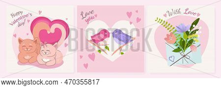 Set Of Illustrations For Valentine S Day, Illustraton Of Kissing Birds, Cute Cats, Flowers In Envelo