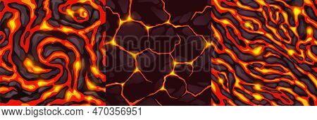 Textures Of Lava, Magma And Stones. Seamless Patterns Of Volcano Rock Surface With Cracks And Flows 