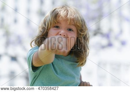 Boy Fight With Fist Gesture Punch. Child With Angry Expression. Angry Hateful Little Crazy Boy, Chil