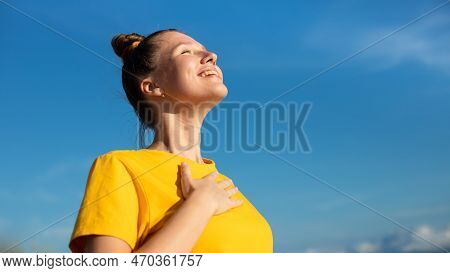 Happy Joyful Positive Girl, Young Beautiful Feeling Carefree Woman Is Enjoying Vacation At Summer Su