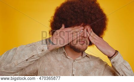 Dont Want To Look At This, Awful. Bearded Man With Lush Afro Hairstyle Coiffure Closing Eyes With Ha