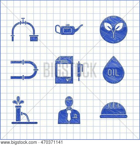 Set Contract Money And Pen, Businessman Or Stock Market Trader, Worker Safety Helmet, Oil Drop, Pump