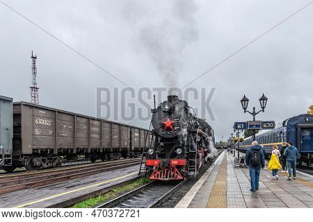 Sortavala, Russia - September 13, 2021: Tourist Retro Train Ruskeala Express On The Railway Station 
