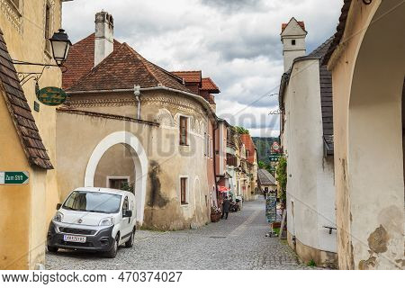 Durnstein, Austria - May 13. 2019: This Is The Main Street Of The Famous Austrian Danube Town In The