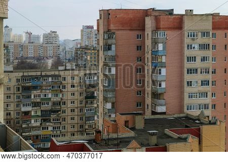 Russian Old Commieblock Houses. Soviet Period Apartment Blocks In Belgorod Left-bank Residential Are