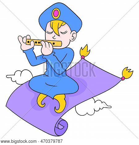 Aladin Playing The Flying Flute Sitting On The Magic Carpet, Vector Illustration Art. Doodle Icon Im