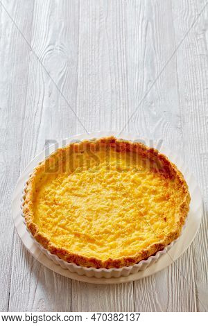 Chess Pie Pairs A Traditional Butter Pie Crust With A Sweet, Custardy Filling In White Baking Dish O