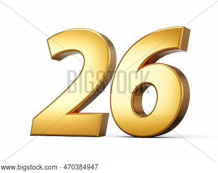 Golden Metallic Number 26 Twenty Six , White Background 3d Illustration