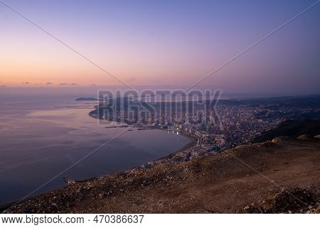 Attractive Spring Cityscape Of Vlore City From Kanines Fortress. Captivating Morning Sescape Of Adri