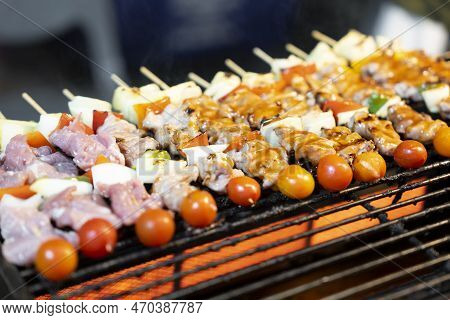 Bbq Grilled Wegetables On Skewers With Fresh Herbs And Spices. Summer Barbecue Food.