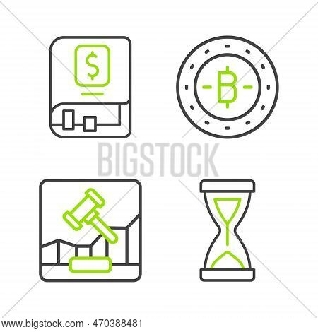 Set Line Old Hourglass, Online Internet Auction, Bitcoin And Financial Book Icon. Vector
