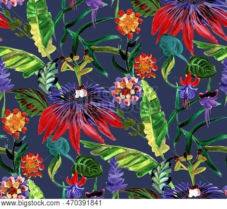 Bright Seamless Pattern With Multicolored Tropical Flowers And Leaves On A Blue Background For Summe