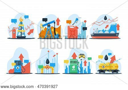 Rising Fuel Price Gasoline Oil Arrow Graph Chart Financial Analyzing Set Vector Flat Illustration