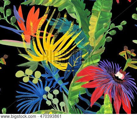 Bright Seamless Pattern With Multicolored Tropical Flowers And Leaves Painted In Drybrush Gouache Fo