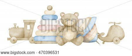 Baby Toys With Teddy Bear And Train. Hand Drawn Watercolor Illustration In Pastel Blue And Beige Col