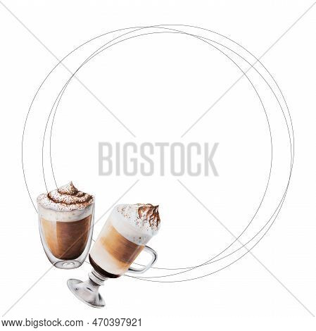 Watercolor Frame With Coffee Making Tools. Latte, Espresso, Americano, Cappuchino, Raff, Mocha. Hand