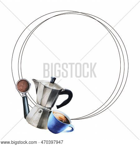 Watercolor Frame With Coffee Making Tools. Latte, Espresso, Americano, Cappuchino, Raff, Mocha. Hand