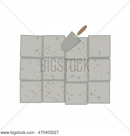 Top View Of White Bricks And Trowel Vector Illustration. Cartoon Drawing Of Tool And Materials For C