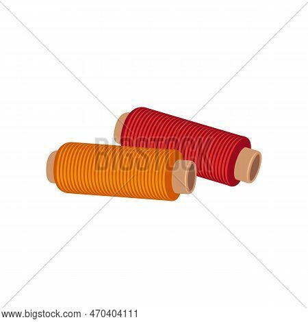 Spools Of Red And Orange Thread Vector Illustration. Cartoon Drawing Of Materials For Knitting Or Pr
