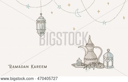 Greeting Card, Invitation. Muslim Holiday Ramadan Kareem. Iftar Dinner. Date Fruit, Arabic Dallah Co