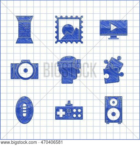 Set Virtual Reality Glasses, Gamepad, Stereo Speaker, Piece Of Puzzle, American Football Ball, Photo