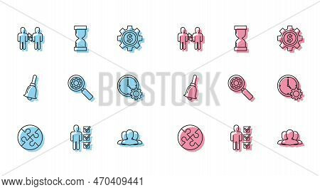Set Line Piece Of Puzzle, User Man In Business Suit, Project Team Base, Users Group, Magnifying Glas