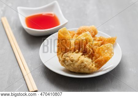 Fried Wan Tan On White Small Plate On Ceramic