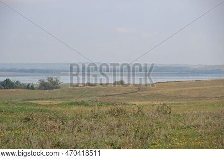 Summer Field With Country Road. A Lake, Green Forest On Background