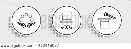 Set Line Magic Hat And Wand, Juggling Ball And Magician Icon. Vector