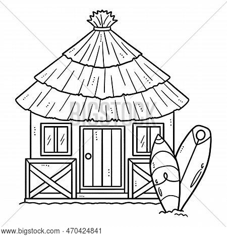 A Cute And Funny Coloring Page Of Tropical Hut With Surfi Board. Provides Hours Of Coloring Fun For 