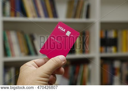 Minas Gerais, Brazil - September 16, 2022: Visa Platinum Logo Credit Debit Card - Electronic Payment
