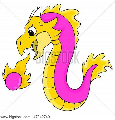 The Red Dragon Spat Out A Ball Of Hot Fire, Vector Illustration Art. Doodle Icon Image Kawaii.