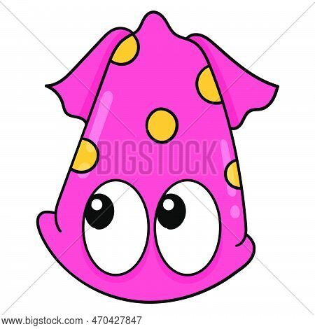 Big Eyed And Cute Red Squid Head, Vector Illustration Carton Emoticon. Doodle Icon Drawing
