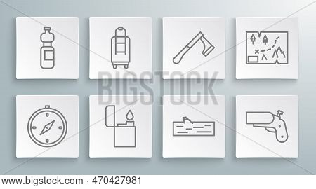 Set Line Compass, Suitcase, Lighter, Wooden Log, Flare Gun Pistol, Axe, Folded Map With Location And
