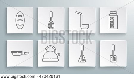 Set Line Frying Pan, Kitchen Whisk, Kettle With Handle, Spatula, Ladle, Paper Package For Milk And B