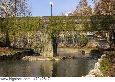 View Of The City Of Trikala, Recreation Area, Bridge And The Embankment Of The Historical Litheos Ri