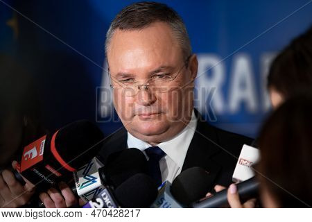 Bucharest, Romania - February 09, 2023: Romanian Prime Minister Nicolae Ciuca Speaks To The Press Du