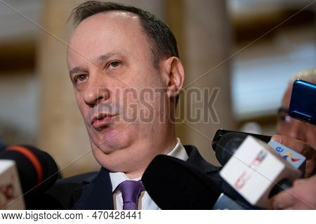 Bucharest, Romania - February 09, 2023: Romanian Finance Minister Adrian Caciu  Speaks To The Press 