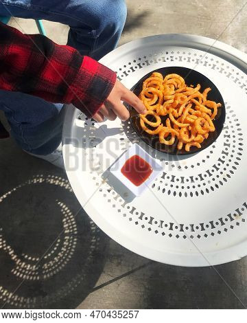 French Fries With Tomatto Sauge In White Table