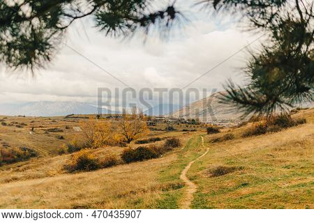 Landscape View Of Hills And Mountain And Far City Of Korce, Albania